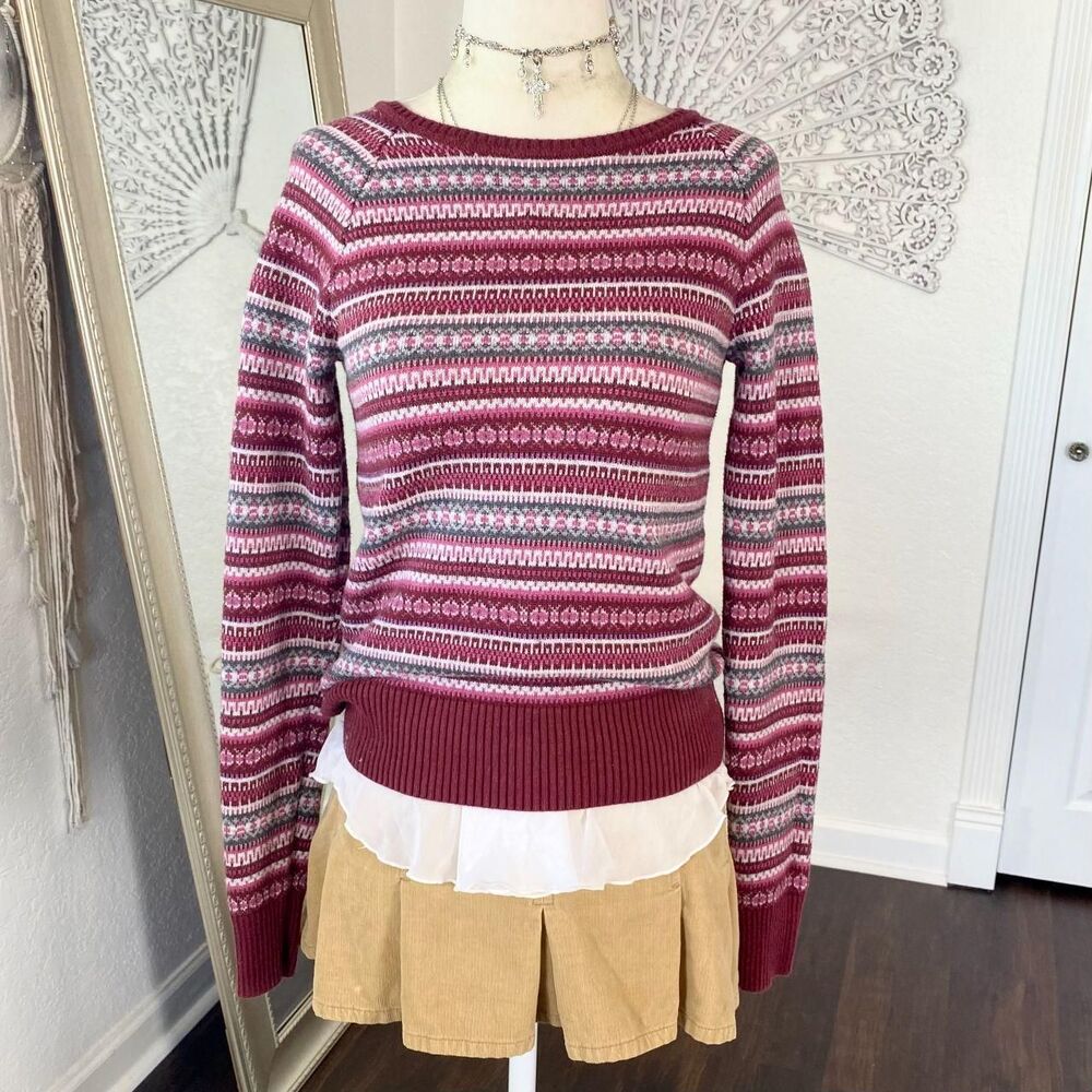 American Vintage Bass Cottagecore Fair Isle Cotton Knit Sweater Size XS